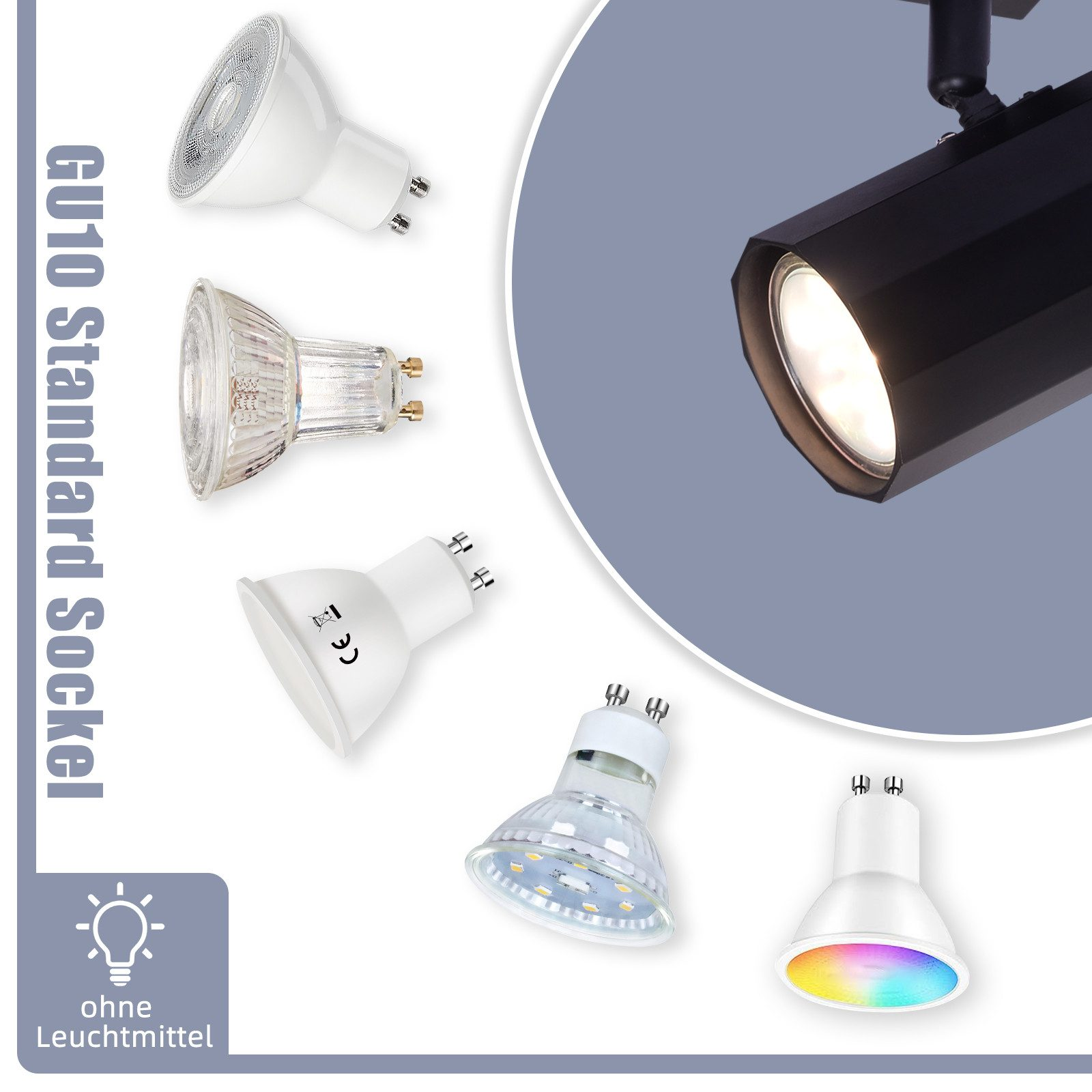 Primo piano di varie lampadine GU10, tra cui diverse forme e tipi di emissione luminosa.
