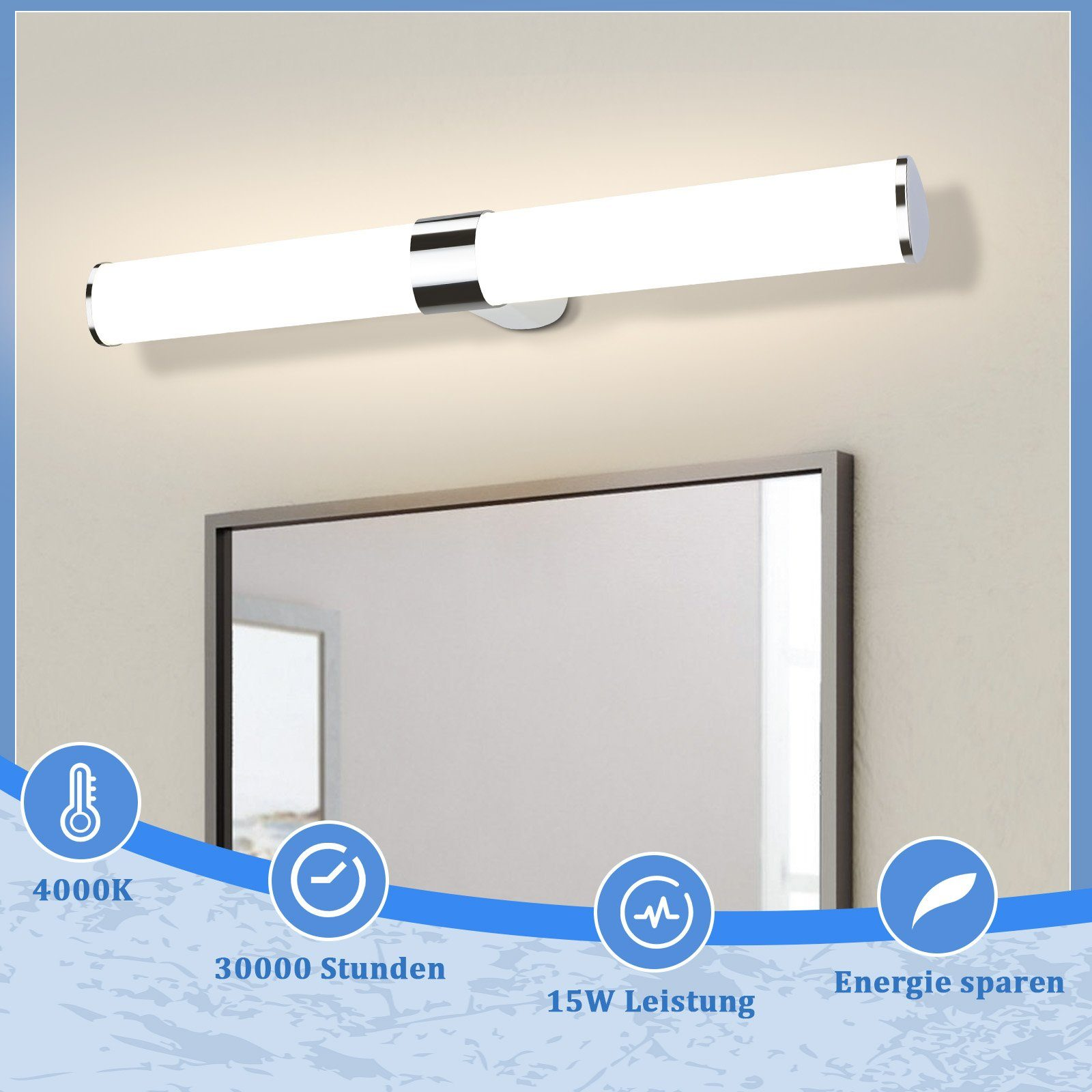 Specchio del bagno e lampada da parete. La luce è un'apparecchio lungo, bianco e cromato.