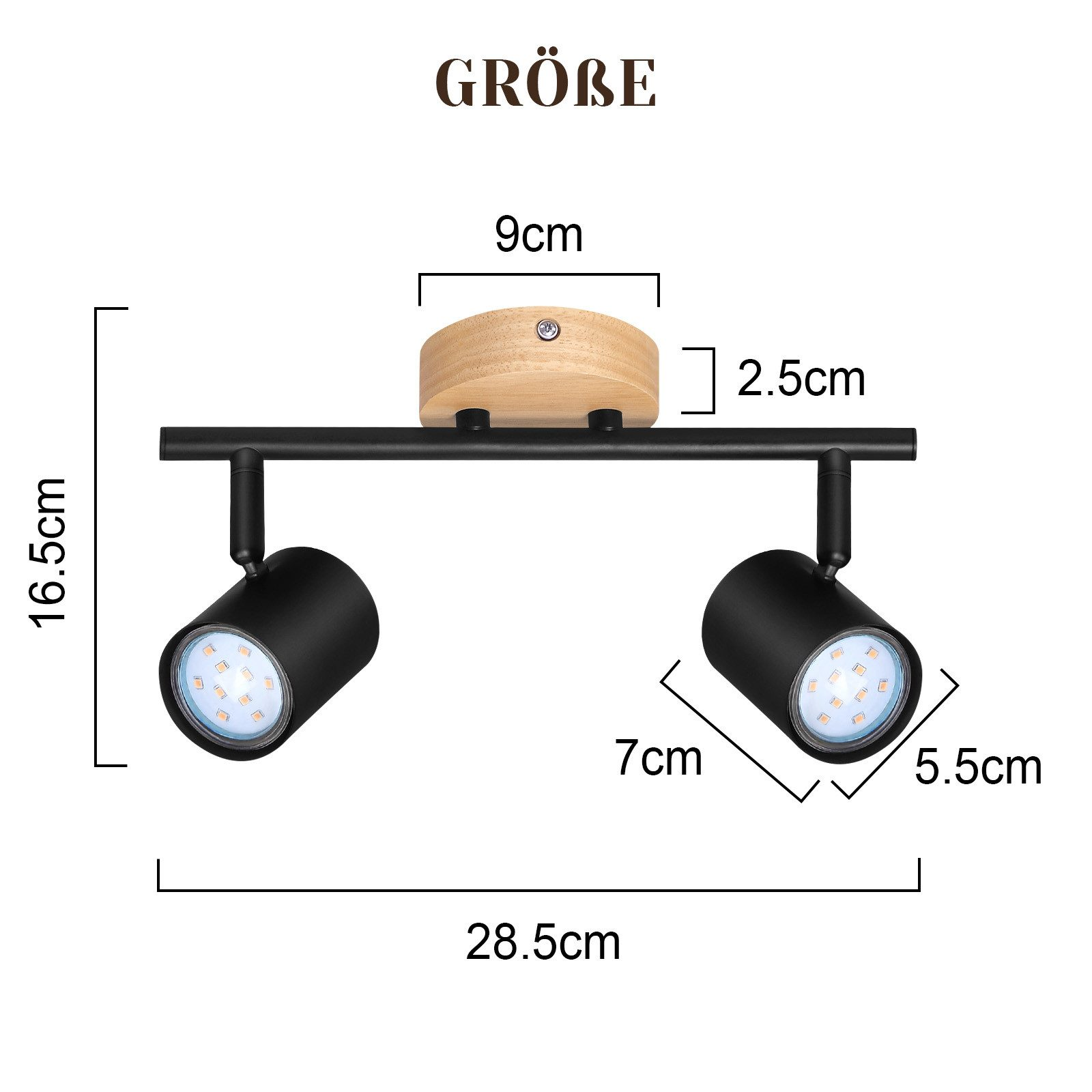 Czarna lampa sufitowa z dwoma reflektorami i wymiarami. Drewniana podstawa ma 9 cm, a lampa 28,5 cm.