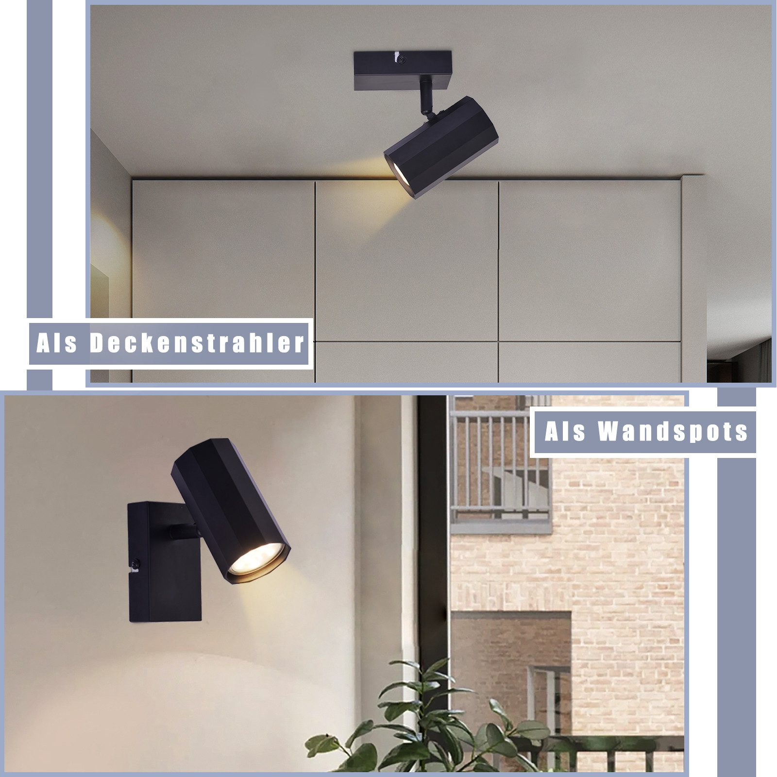 Due immagini di un apparecchio di illuminazione a soffitto nero installato come luce a soffitto e spot da parete.