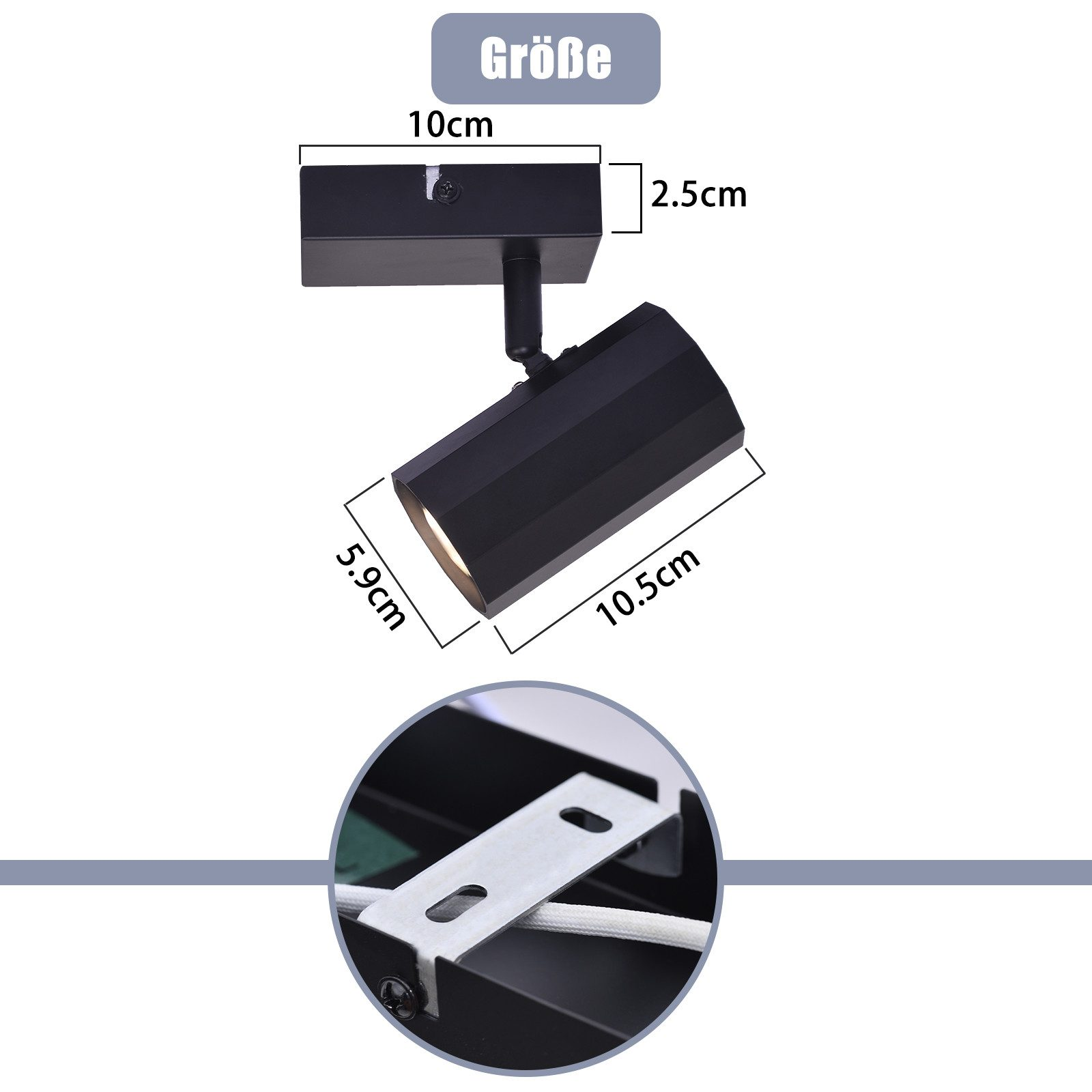 Diagramma che mostra le dimensioni di un faretto nero. Le misure sono espresse in centimetri.