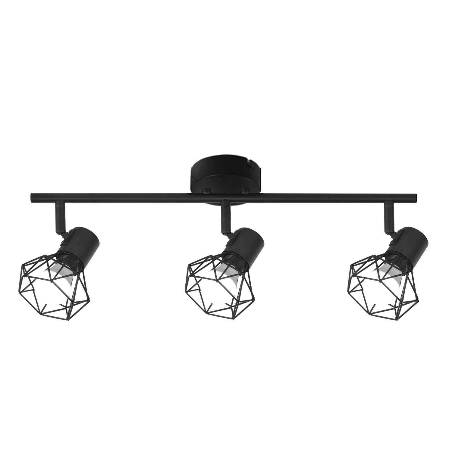 Illuminazione a binario nera con tre luci. Ogni luce è racchiusa.