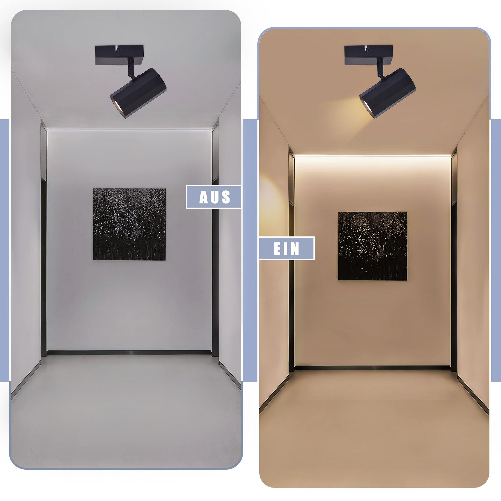 Due immagini di un corridoio con una lampada da soffitto, una con la luce spenta e una accesa.