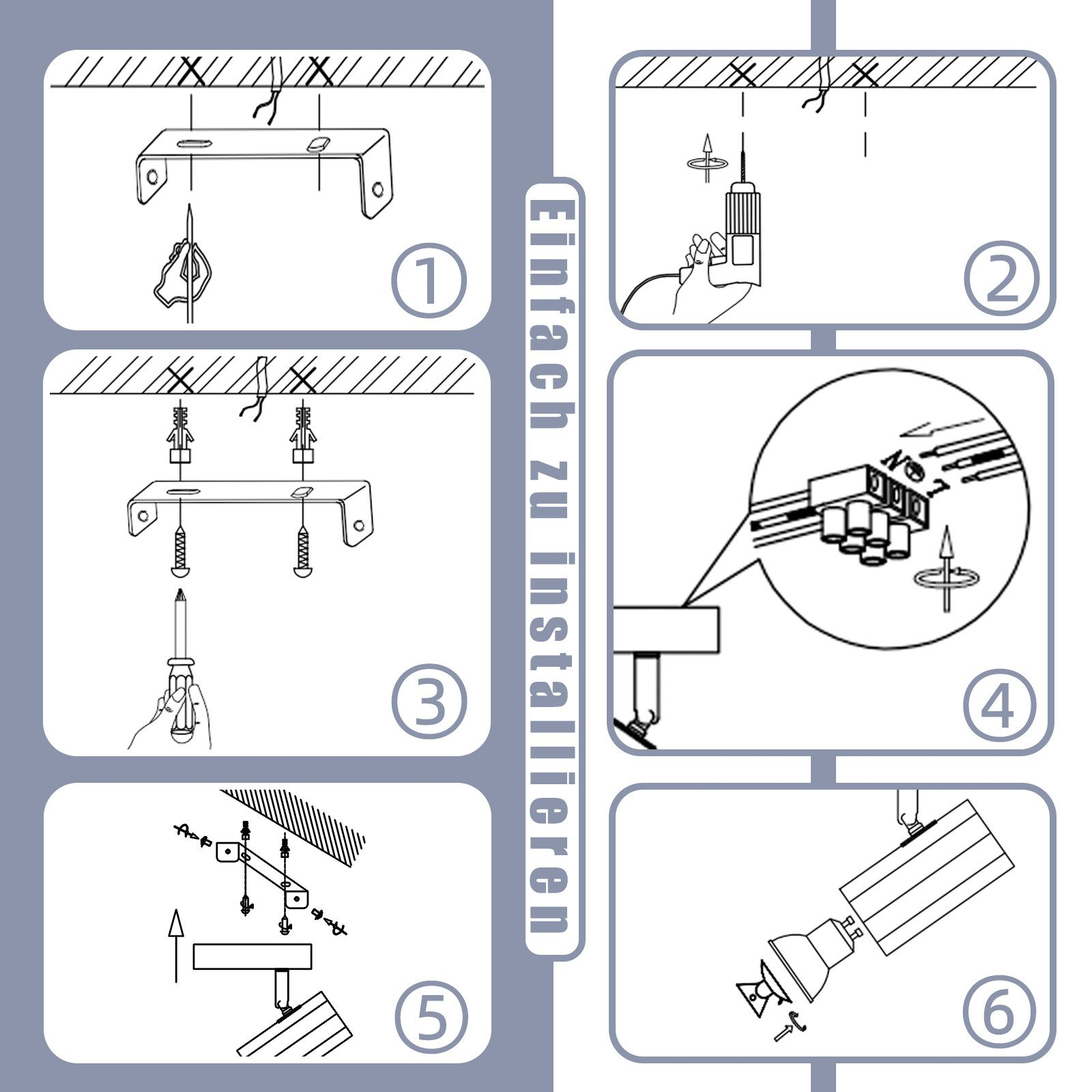 Diagramma di installazione di una lampada a binario. Mostra i passaggi numerati, inclusi l'avvitamento e il collegamento dei fili.