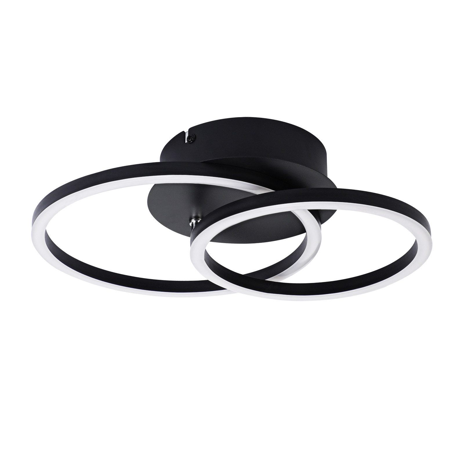 Lampada da soffitto nera con tre elementi luminosi circolari sovrapposti.