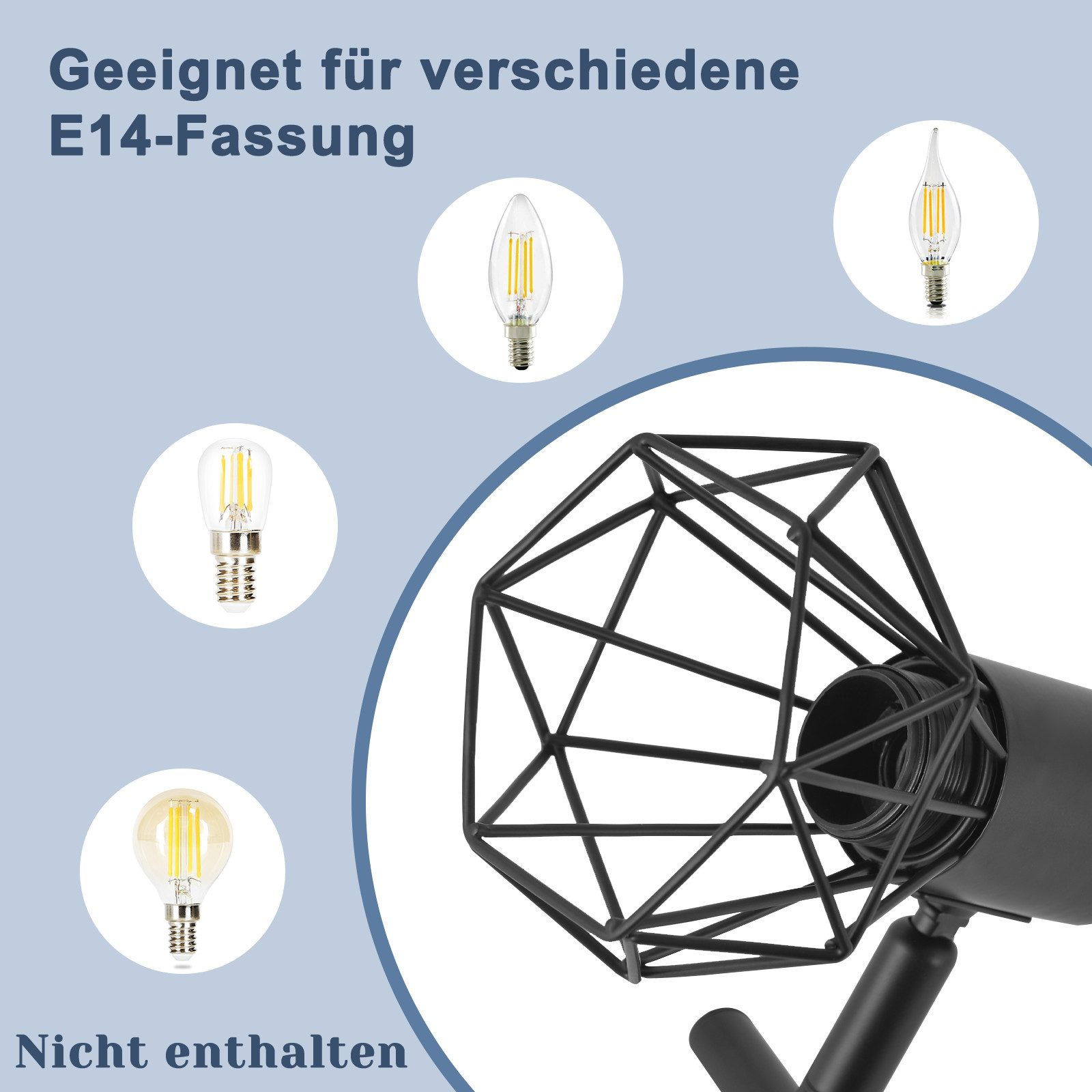 Primo piano di lampada nera con diverse lampadine E14. Testo indica compatibilità.