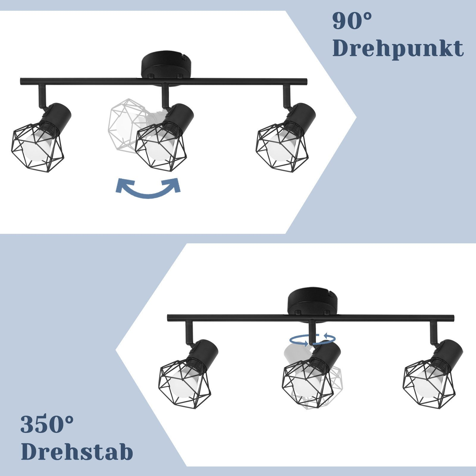 Due diagrammi che mostrano una luce a binario nera con tre apparecchi di illuminazione regolabili a gabbia. Freccia indica il movimento.