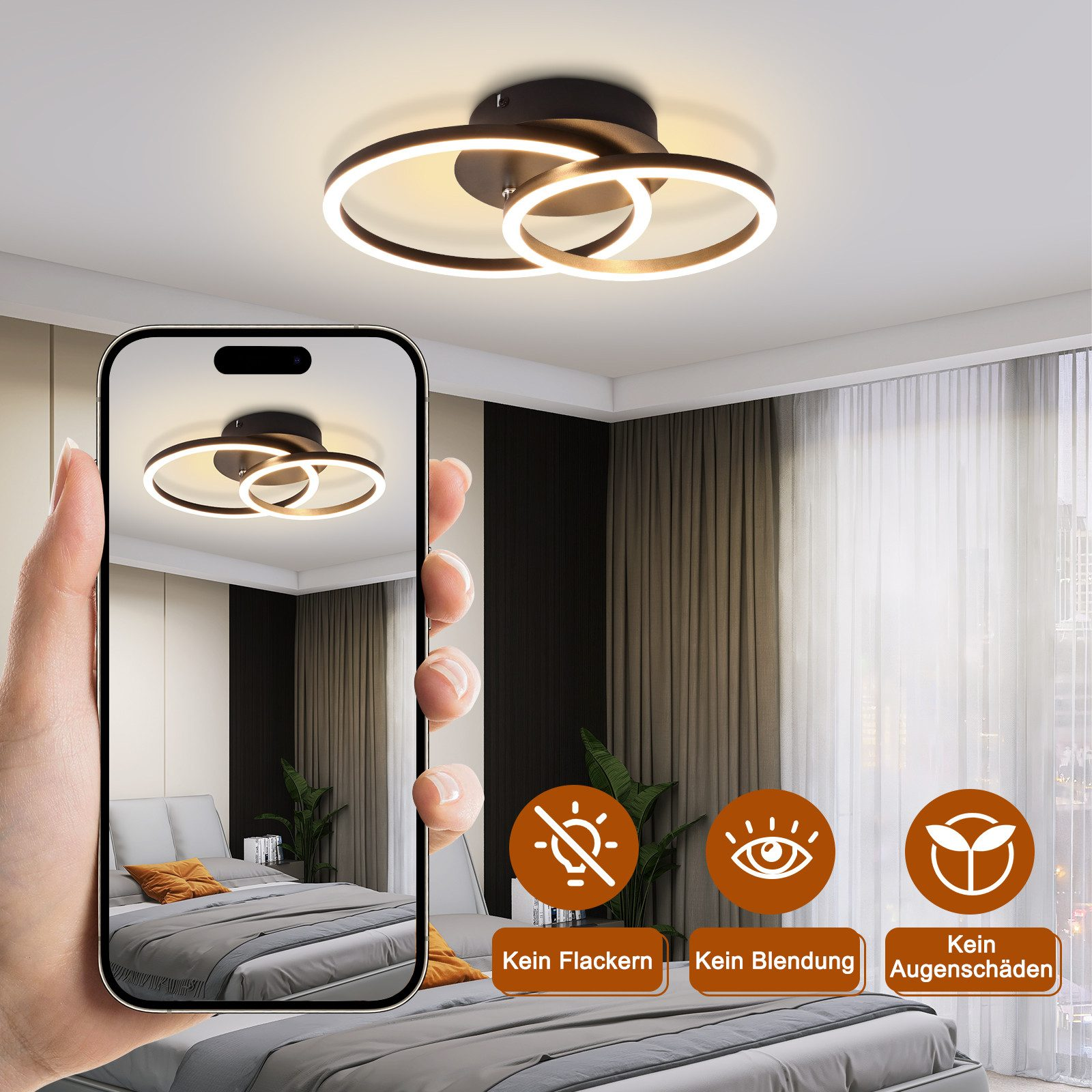 Lampada da soffitto moderna con tre anelli ad incastro. Il telefono mostra una vista della luce, camera da letto sullo sfondo.