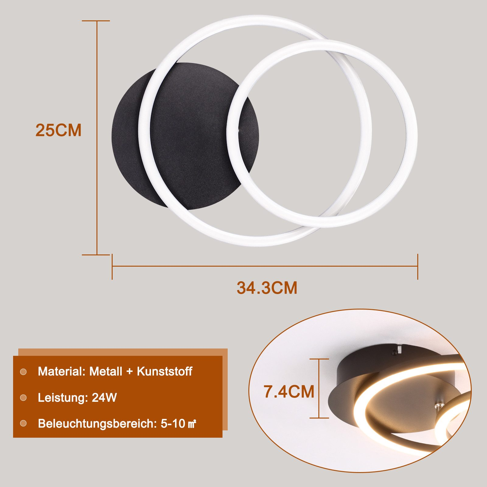 Una moderna lampada da parete a LED con dimensioni: 25 cm x 34,3 cm x 7,4 cm.