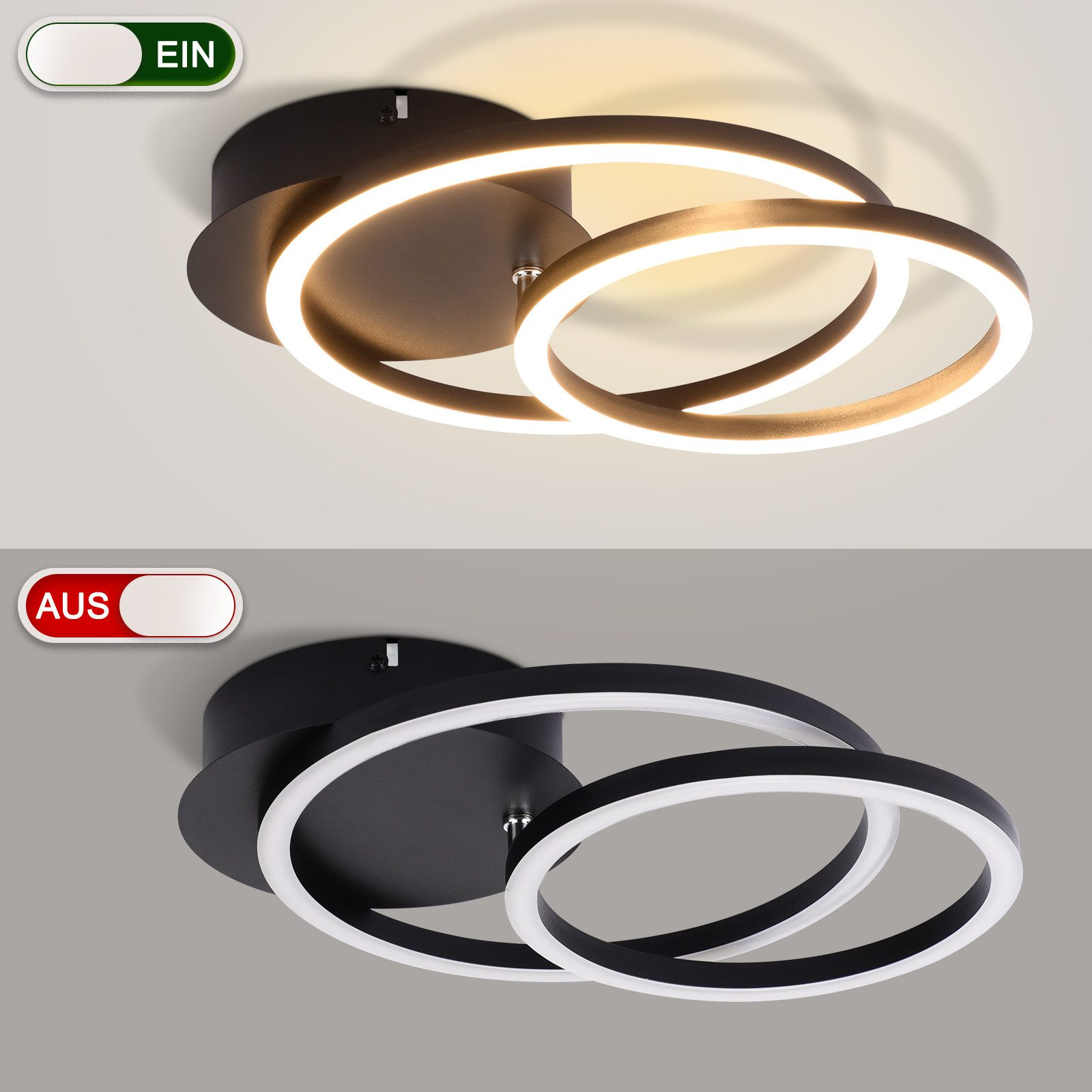 Due plafoniere circolari, una accesa e una spenta. Apparecchio nero con anelli luminosi bianchi.