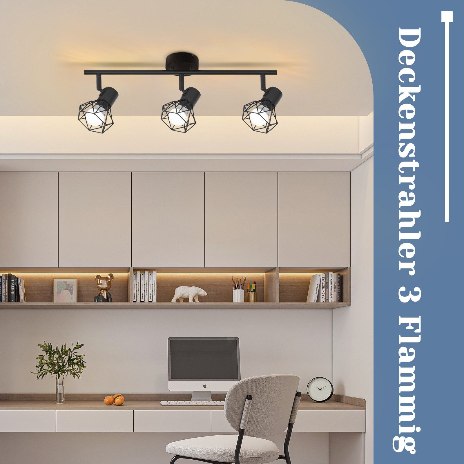 Illuminazione a binario nera con tre faretti. Le luci sono su un soffitto bianco. Lo sfondo è una stanza.