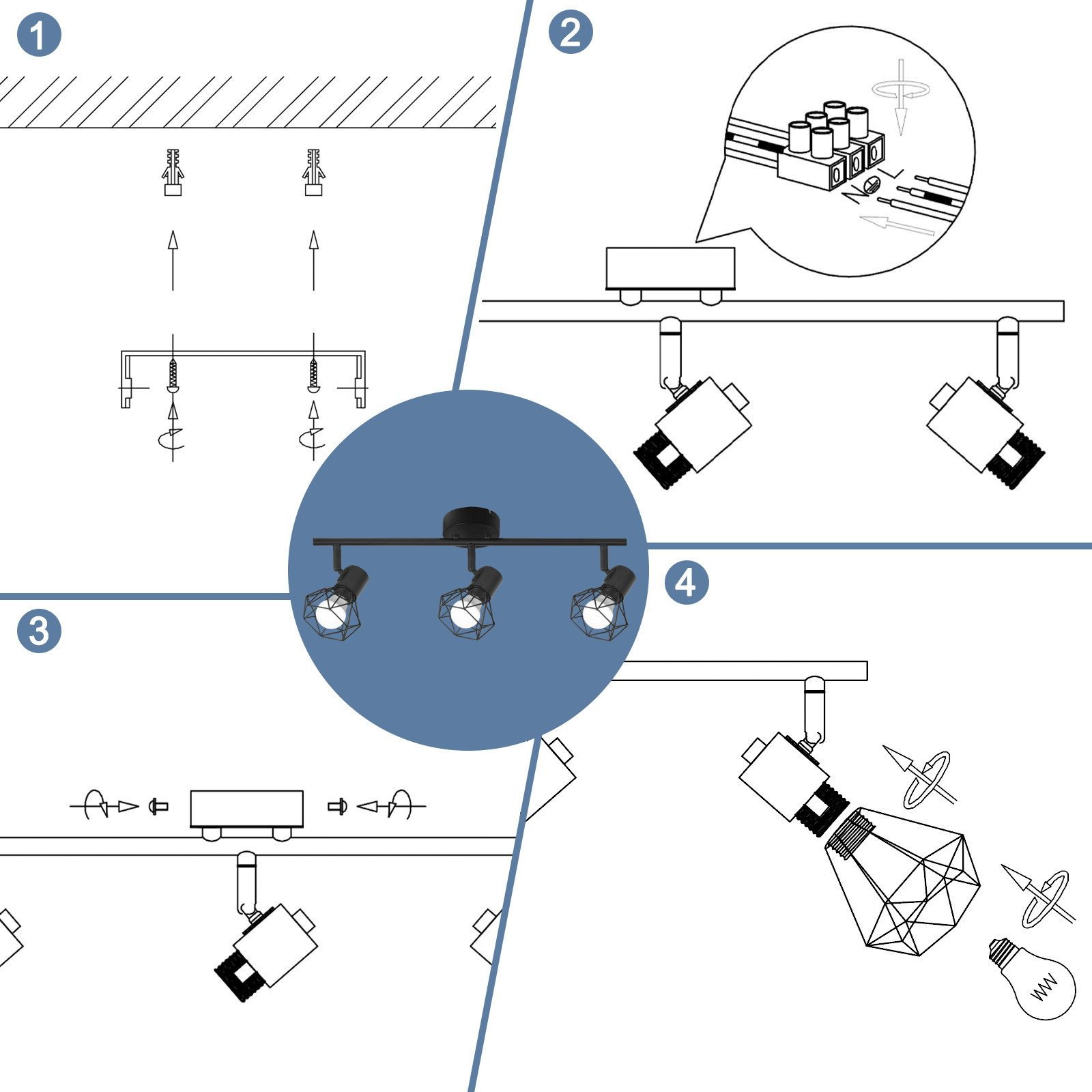 Diagramma che mostra i passaggi per installare un sistema di illuminazione a binario.