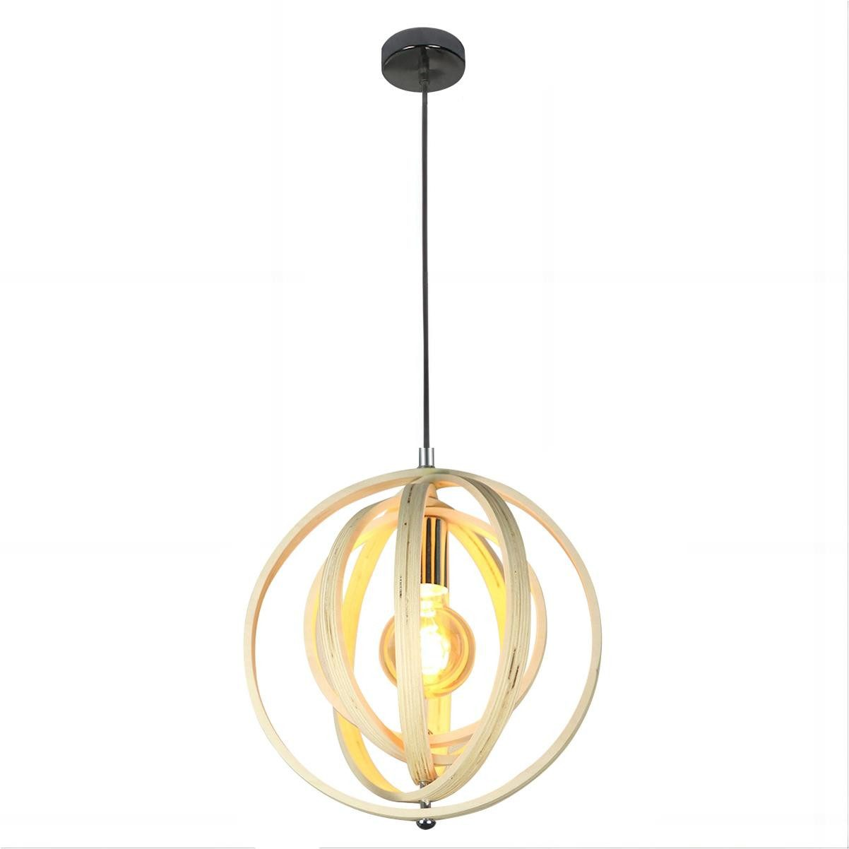 Lampada a sospensione in legno con lampadina Edison. La luce attraversa gli anelli di legno.