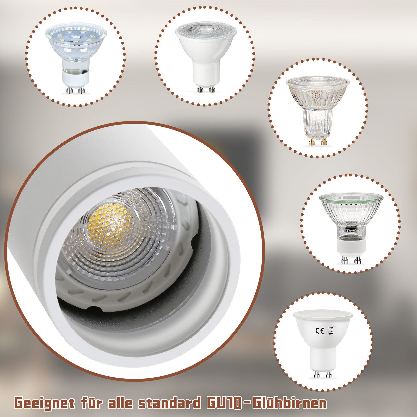 Zbliżenie światła wpuszczanego i kilku różnych żarówek. Tekst na dole brzmi: Nadaje się do wszystkich standardowych żarówek GU10.