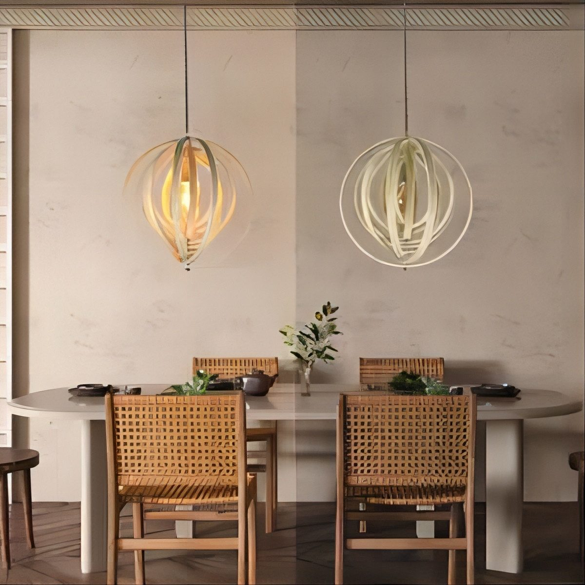 Due lampade a sospensione sopra un tavolo da pranzo. Le luci hanno un design in legno e bianco.
