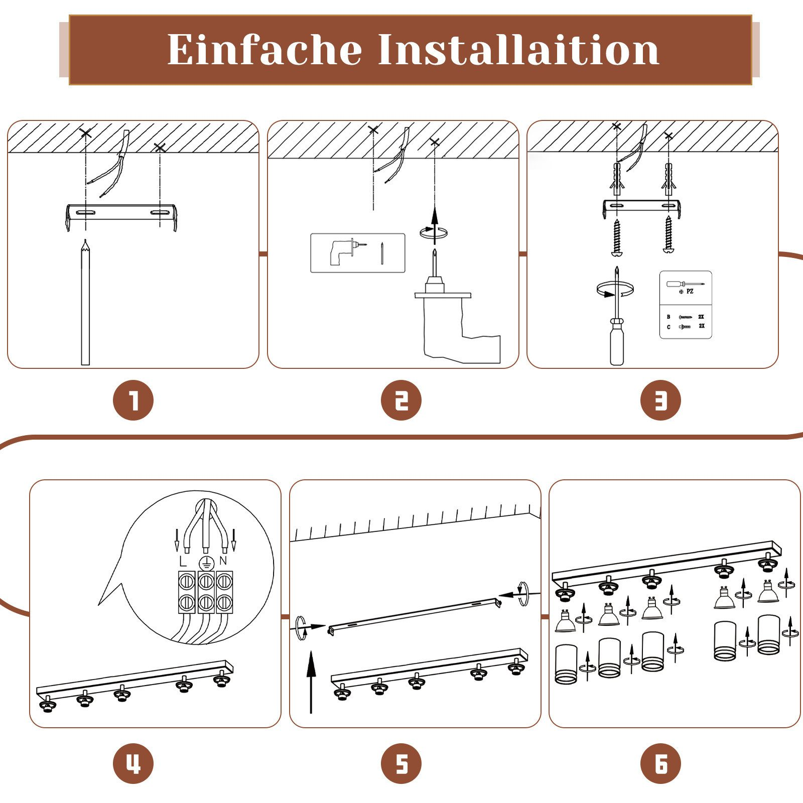 Fasi di installazione: 1. Forare; 2. Avvitare; 3. Fissare. 4. Cablaggio; 5. Montare; 6. Fissare le luci.