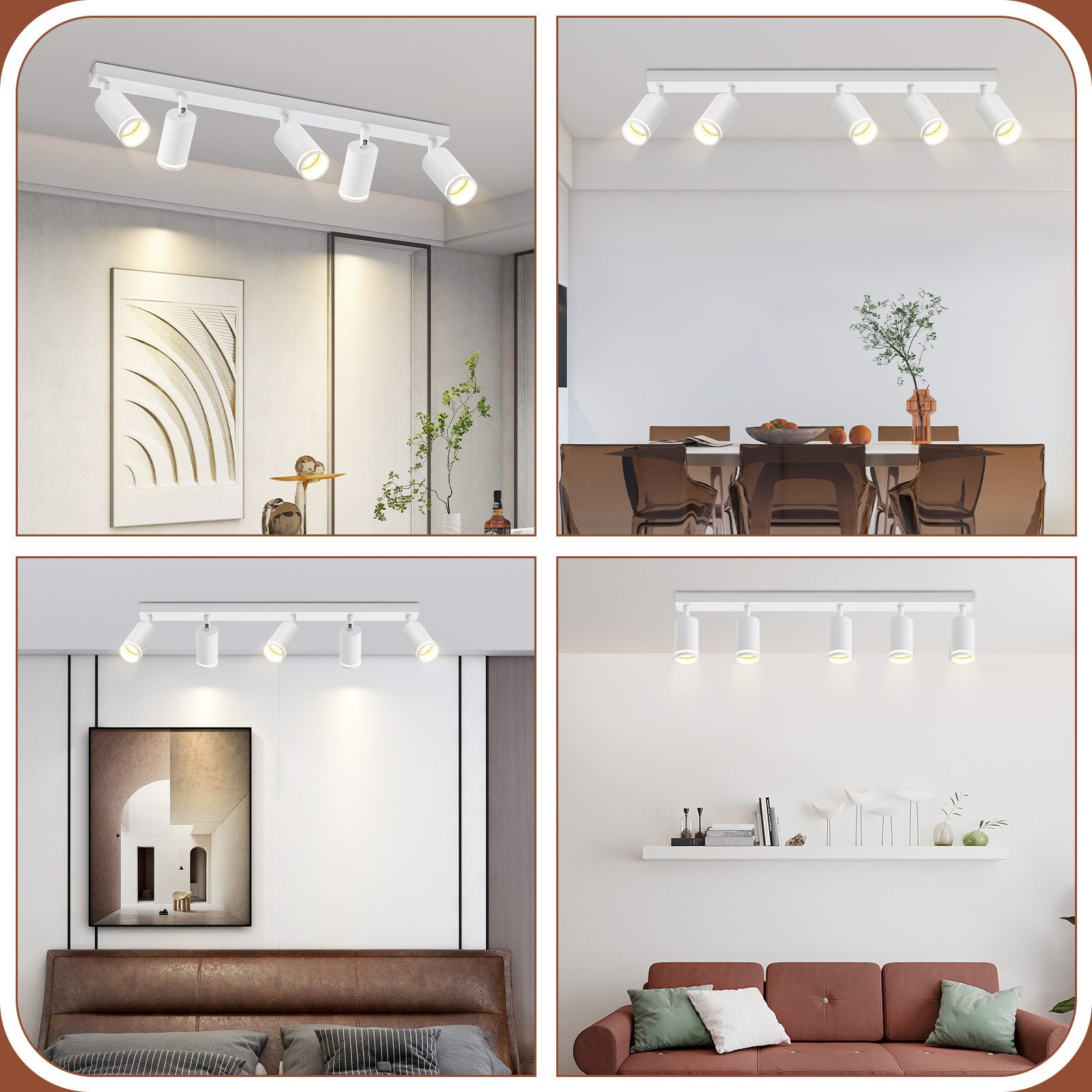 Quattro immagini di faretti a binario bianchi in diverse ambientazioni, montati a soffitto, con più luci.