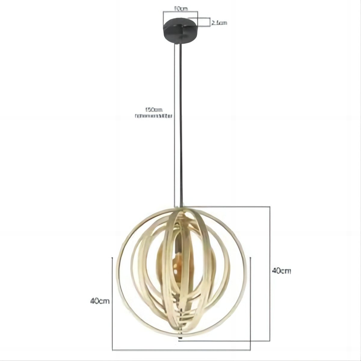 Lampada a sospensione in legno con design circolare, dimensioni indicate.