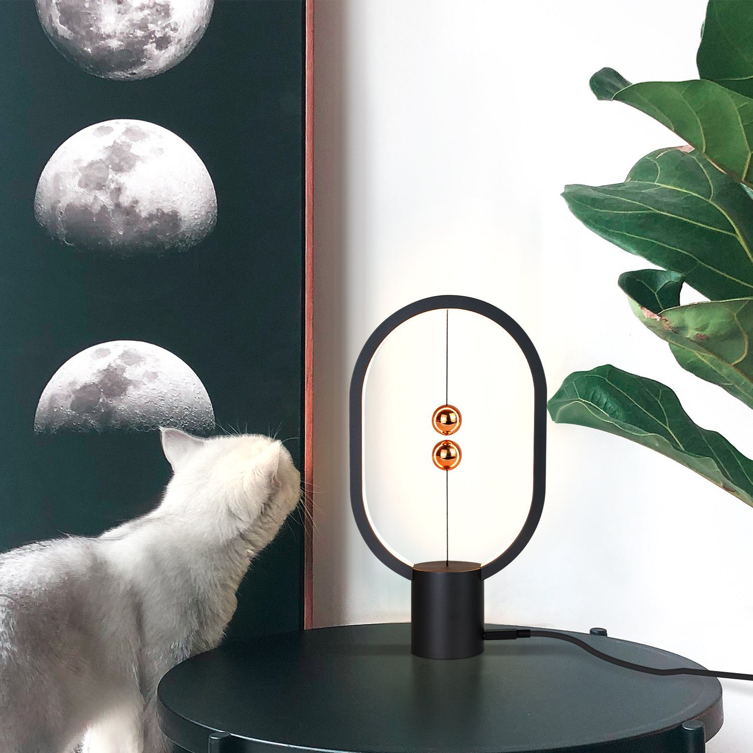 Biały kot patrzy na czarną lampę z dwiema złotymi kulami na zielonym stole.