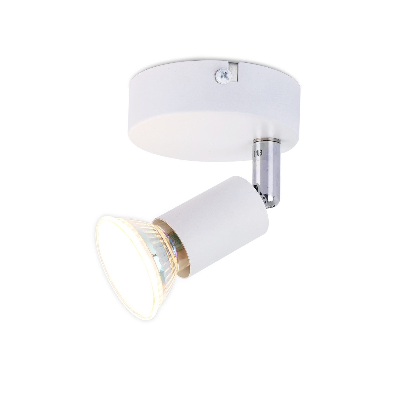 Faretto bianco con testa regolabile, montato su un soffitto bianco. La luce è accesa.
