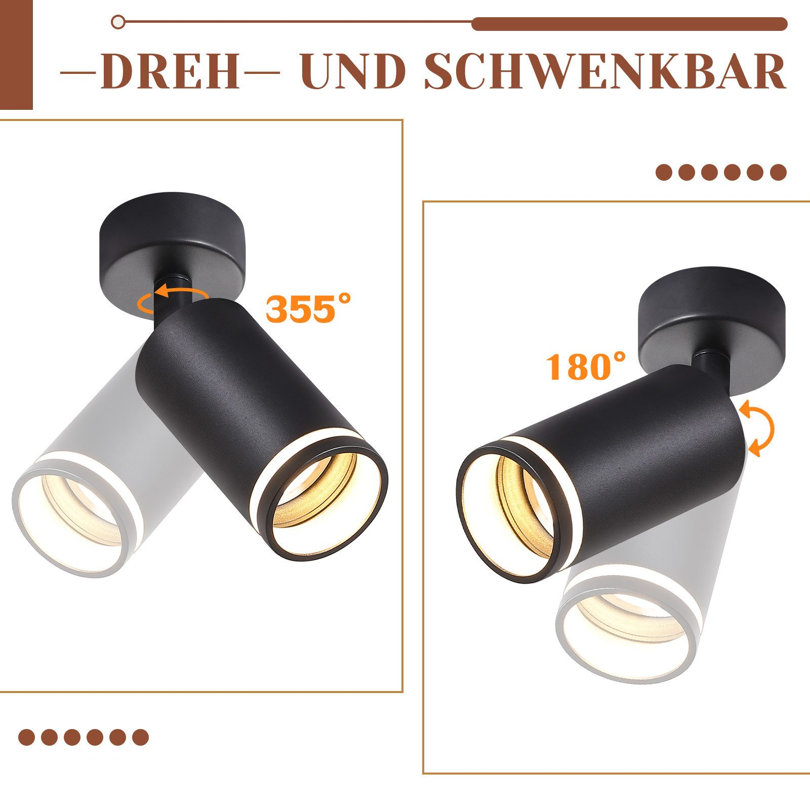 Dwa czarne reflektory z regulowanymi kątami, pokazujące stopnie obrotu. Tekst brzmi: Obrotowy i uchylny.