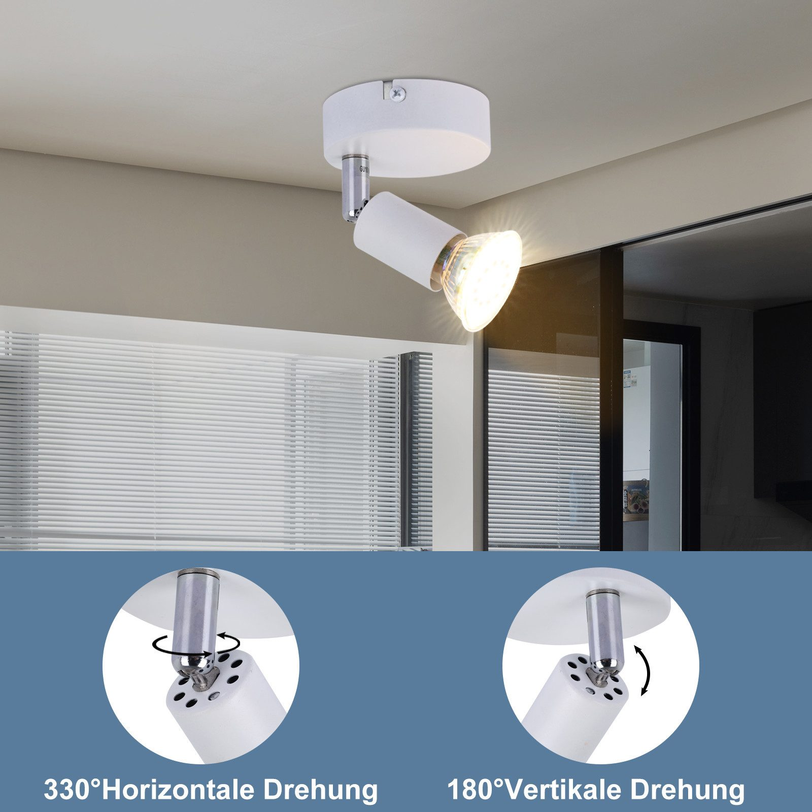 Faretto da soffitto bianco con testa regolabile. L'inserto mostra gli angoli di rotazione orizzontale e verticale.