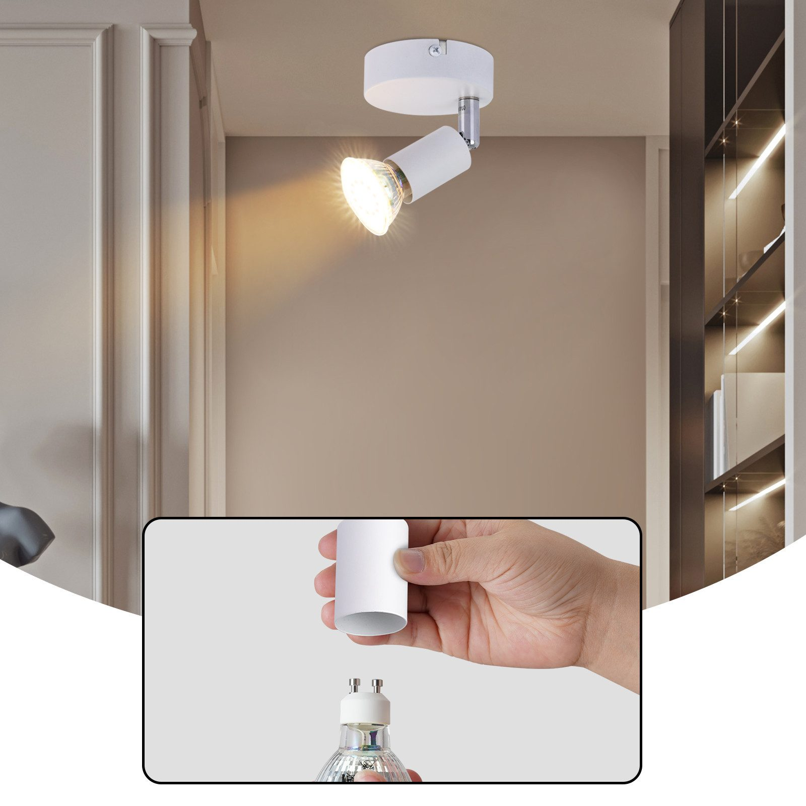 Faretto bianco a soffitto, mano che tiene una lampadina. Muro beige, telaio porta bianco, scaffale dietro.