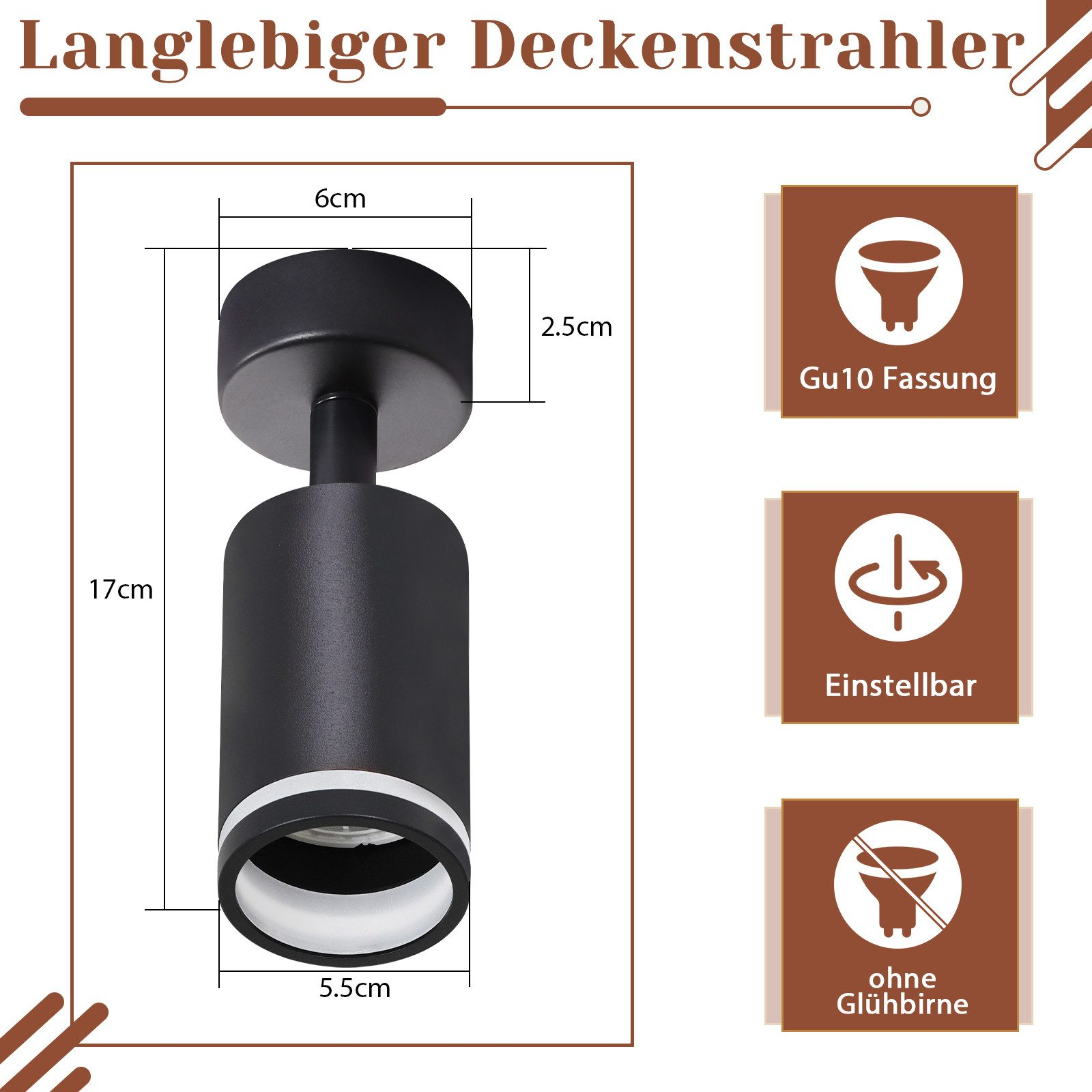 Czarny cylindryczny reflektor sufitowy z wymiarami. Cechy: gniazdo GU10, regulowane i bez żarówki.