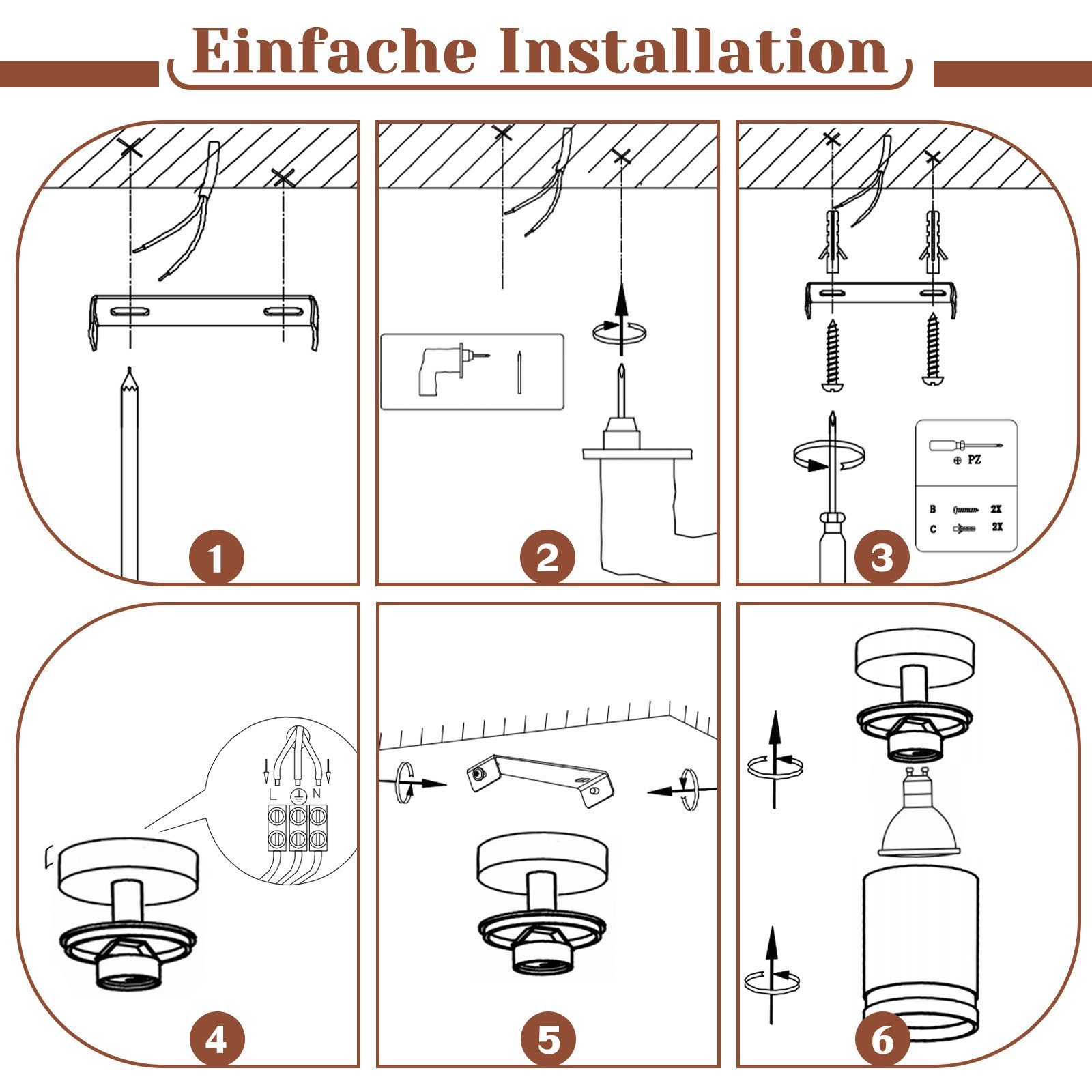 Istruzioni per l'installazione di un apparecchio di illuminazione. I passaggi includono la marcatura, la foratura e l'avvitamento.