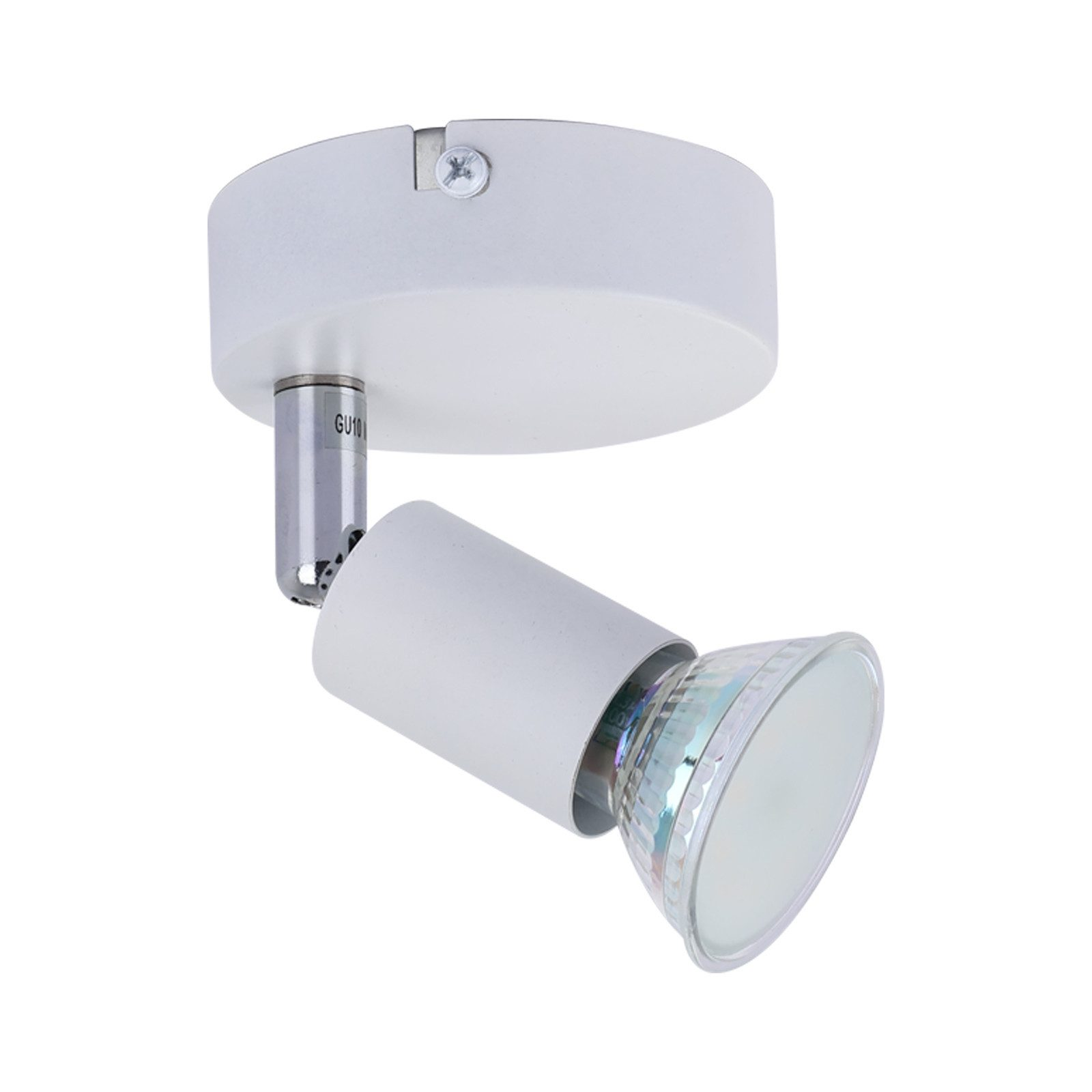 Weißer Strahler mit GU10-Fassung. Die Lampe ist nach unten gerichtet.