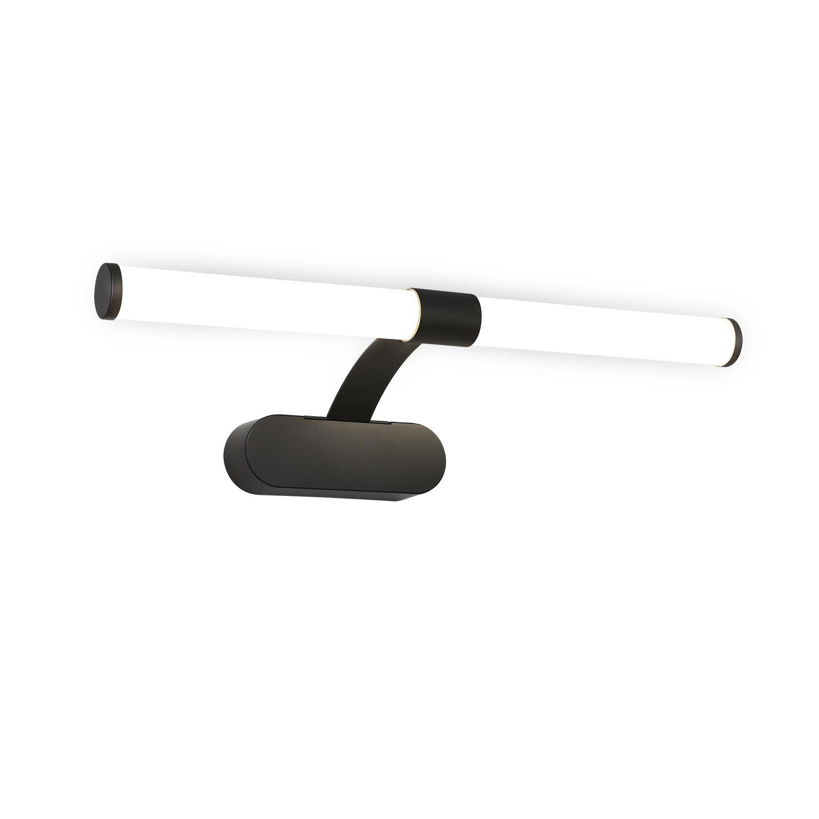 Apparecchio di illuminazione a LED bianco e nero con un design curvo. La luce è accesa.