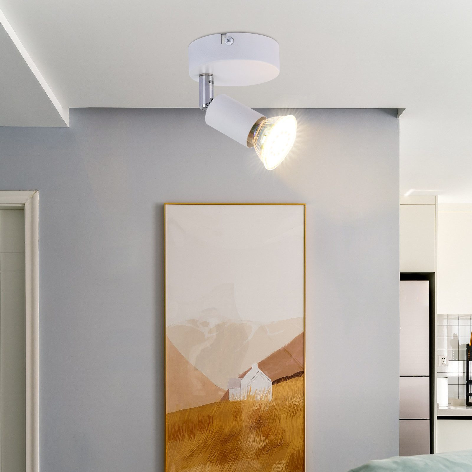 Faretto bianco a soffitto che illumina un dipinto e una parete grigia. La luce brilla verso il basso.