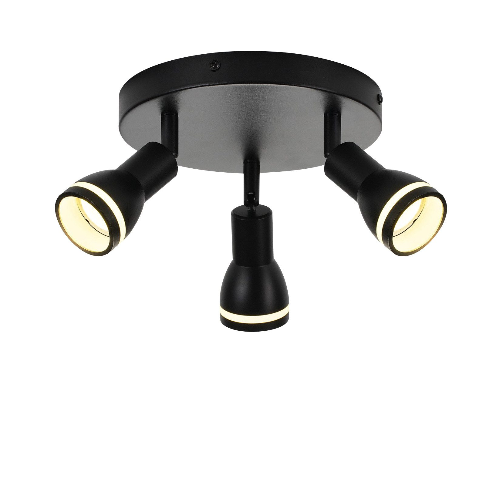 Lampada da soffitto con tre faretti. La base e i faretti sono neri. Sfondo bianco.