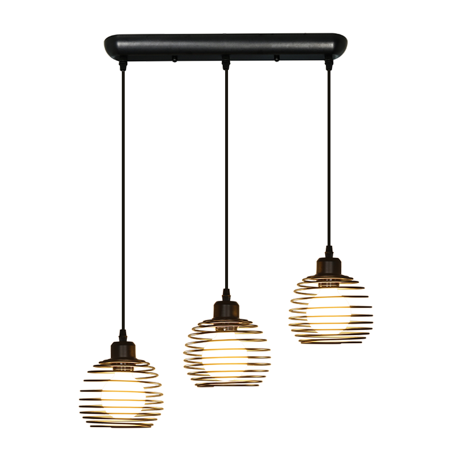 Trzy lampy wiszące. Mają spiralny wzór i są na białym tle.