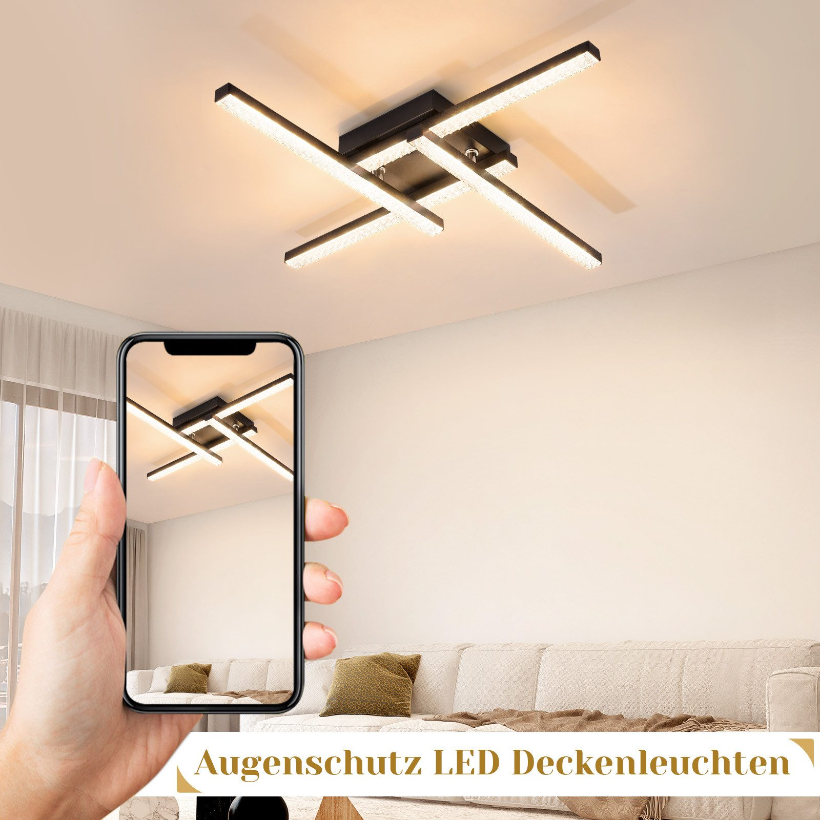 Plafoniera moderna con uno smartphone che ne mostra l'immagine, mostrando le caratteristiche del prodotto in un soggiorno.