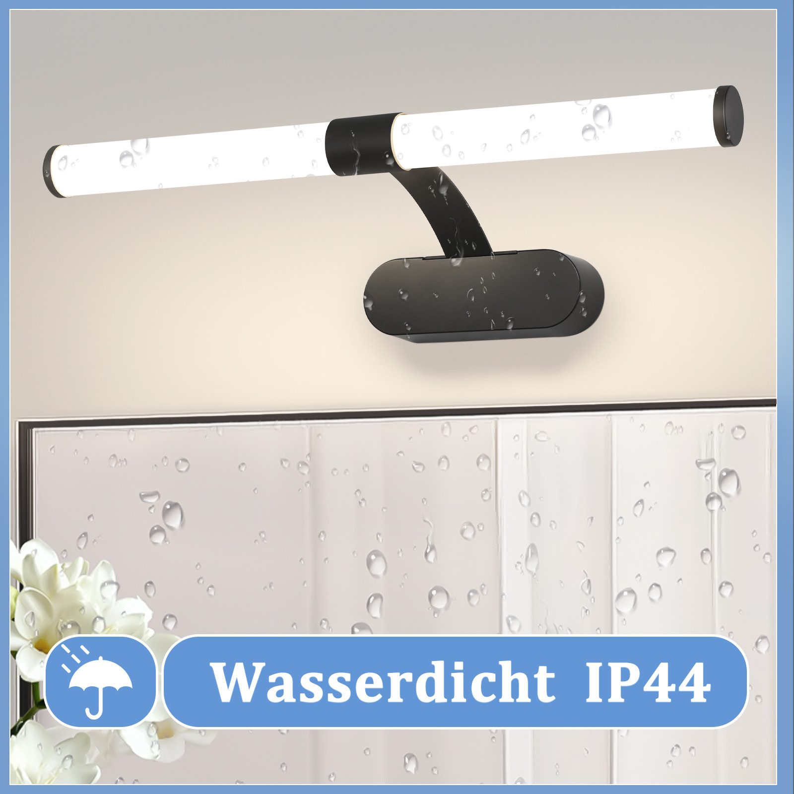Apparecchio per bagno IP44 nero e impermeabile con una lunga luce LED bianca e goccioline d'acqua.