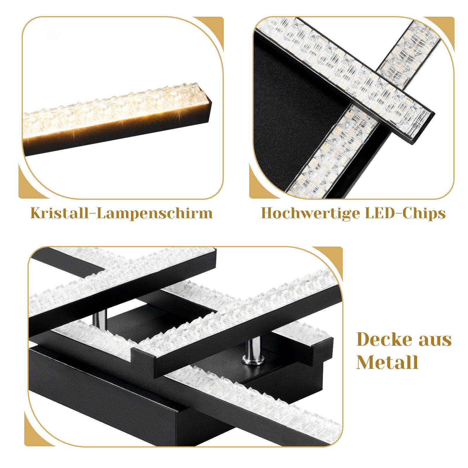 Lampada da soffitto nera con paralume in cristallo e chip LED.