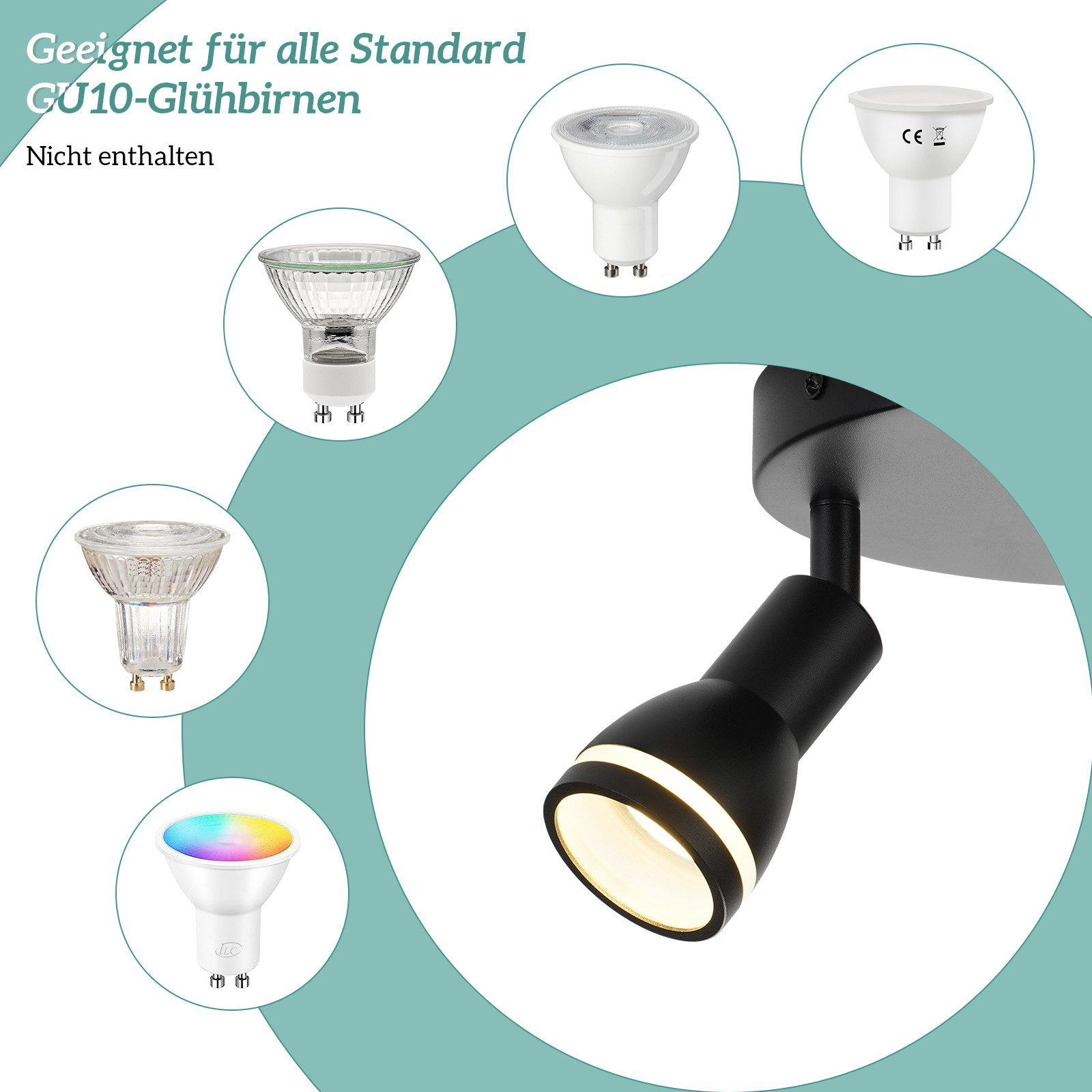 Diverse lampadine e un faretto nero, adatti per lampadine GU10, sono mostrati su sfondo bianco.
