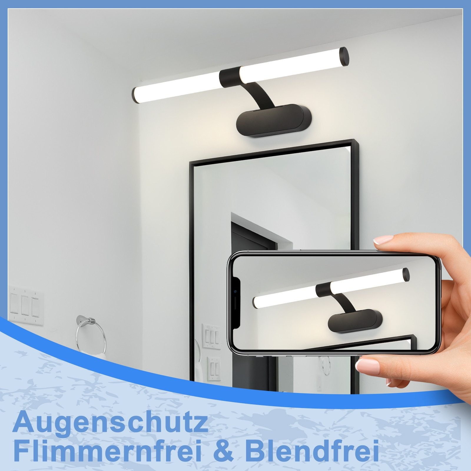 Uno specchio del bagno con una lunga luce a LED bianca sopra. Un telefono mostra lo stesso.