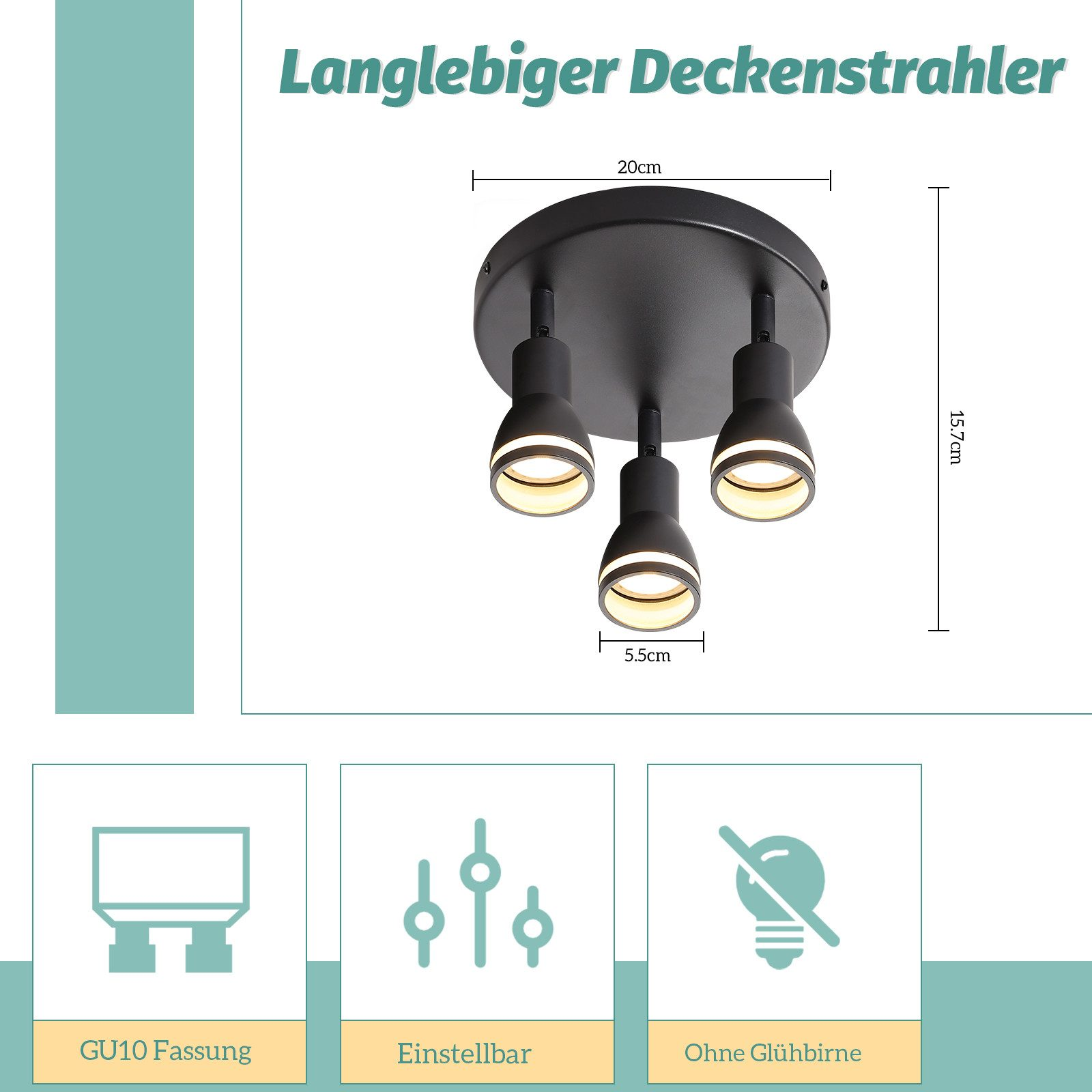 Lampada da soffitto nera con tre faretti regolabili. Dimensioni visualizzate. Attacco GU10, senza lampadina.
