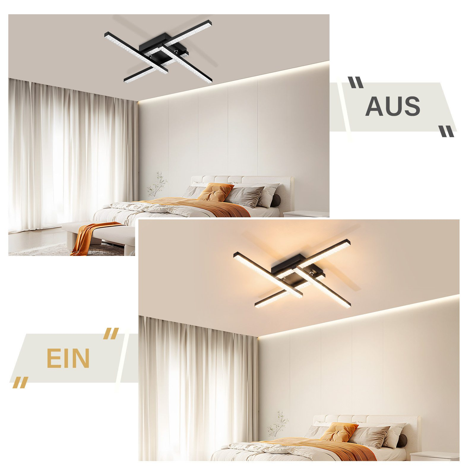 Due immagini di una moderna plafoniera. Design nero con luci a led, in una camera da letto.