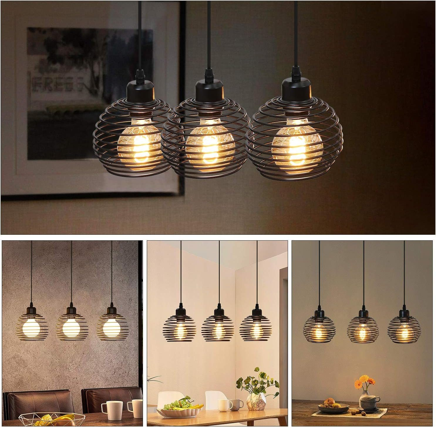 Trzy lampy wiszące z kloszami z drutu spiralnego. Pokazano wiele scen z różnym oświetleniem.
