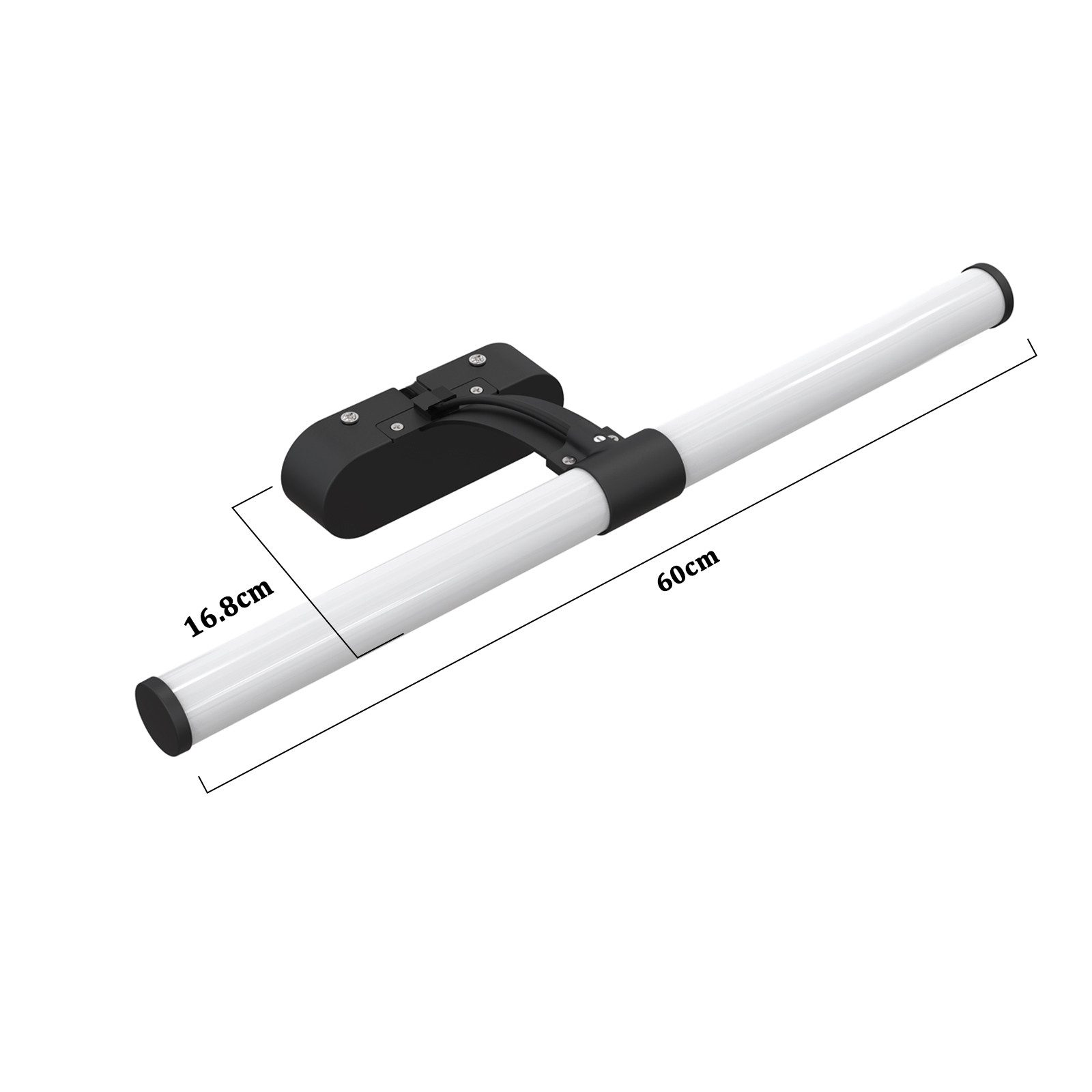 Una barra luminosa a LED bianca e rettangolare con tappi terminali neri e una staffa di montaggio nera.
