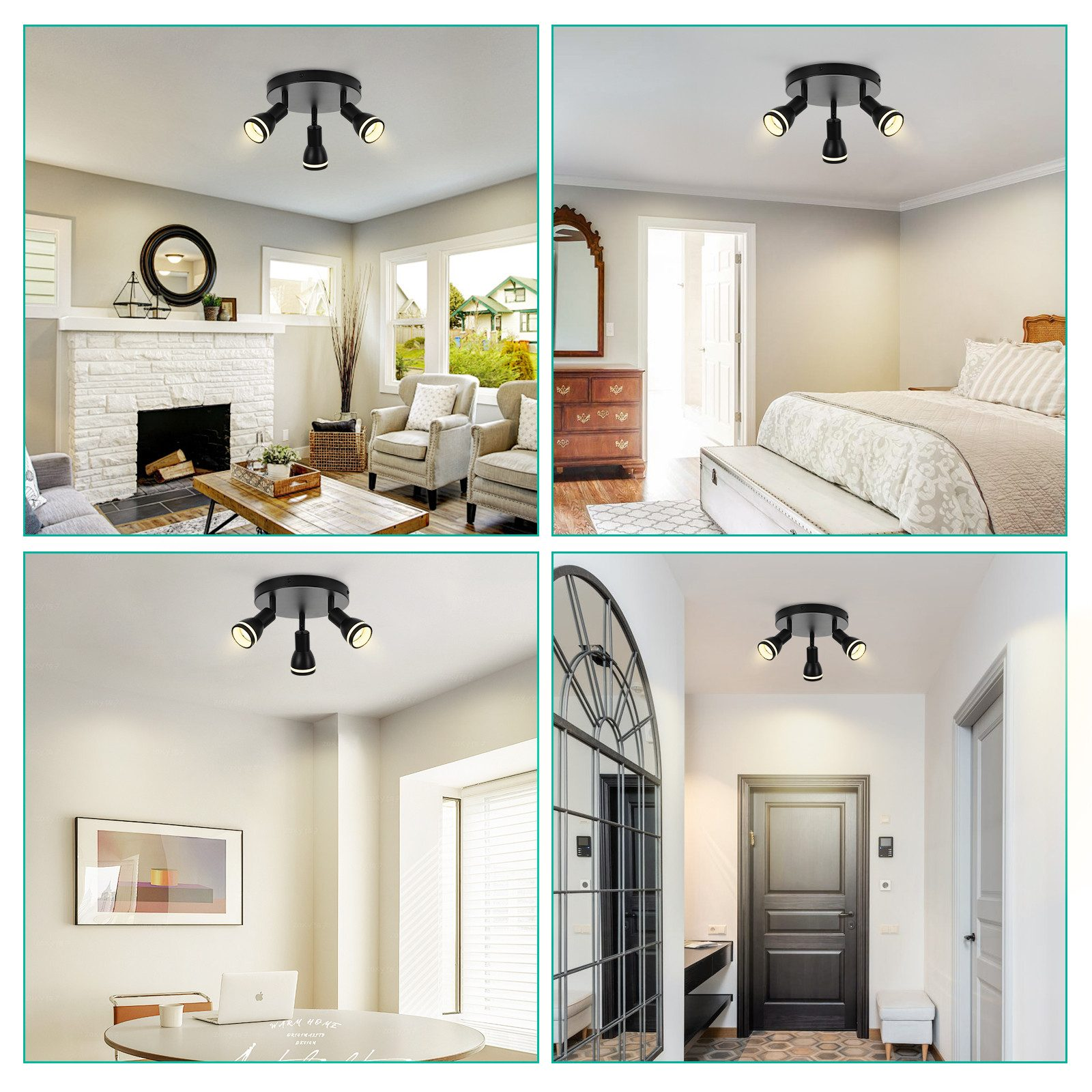 Quattro immagini che mostrano diverse stanze, ciascuna con un lampadario a soffitto con tre faretti.
