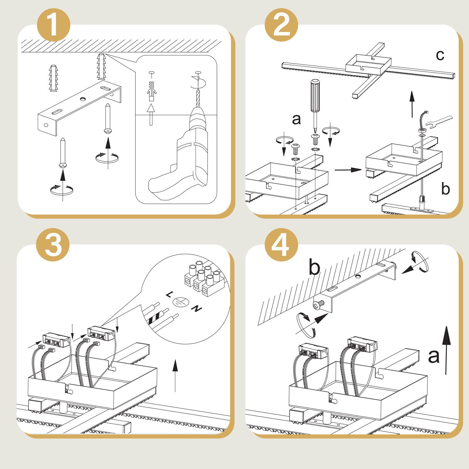 Diagramma in quattro passaggi che mostra l'installazione di un apparecchio di illuminazione.