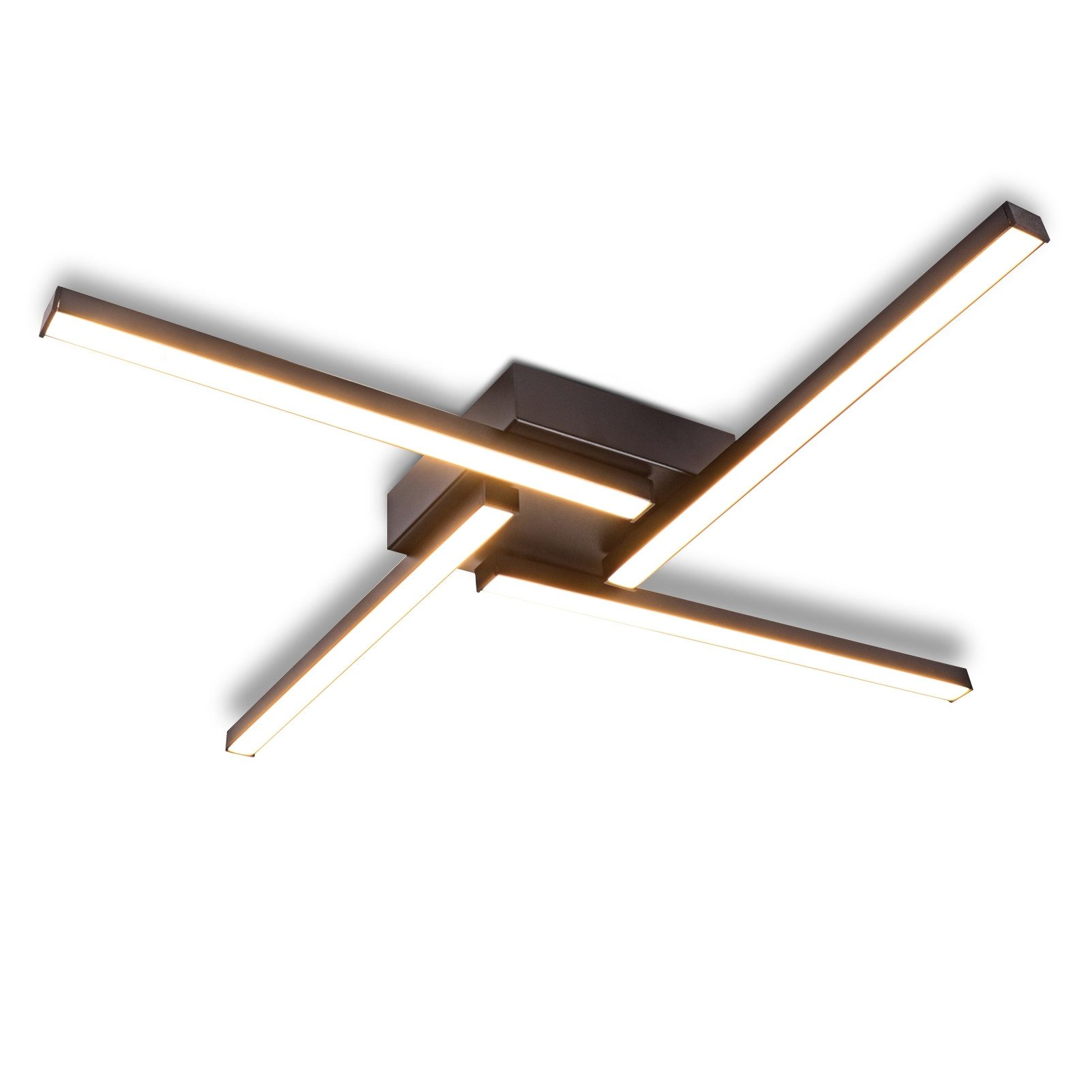 Lampada da soffitto con quattro barre luminose. Cornice marrone scuro. Luce brillante. Sfondo bianco.