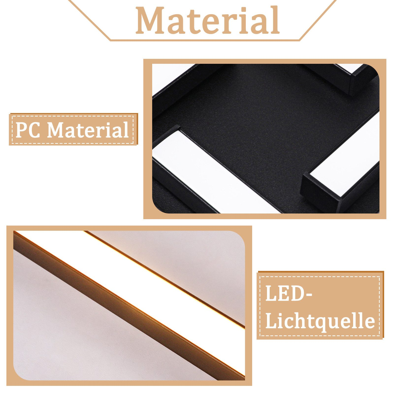 Primi piani di componenti di luci a LED in bianco e nero con etichette che indicano il materiale.
