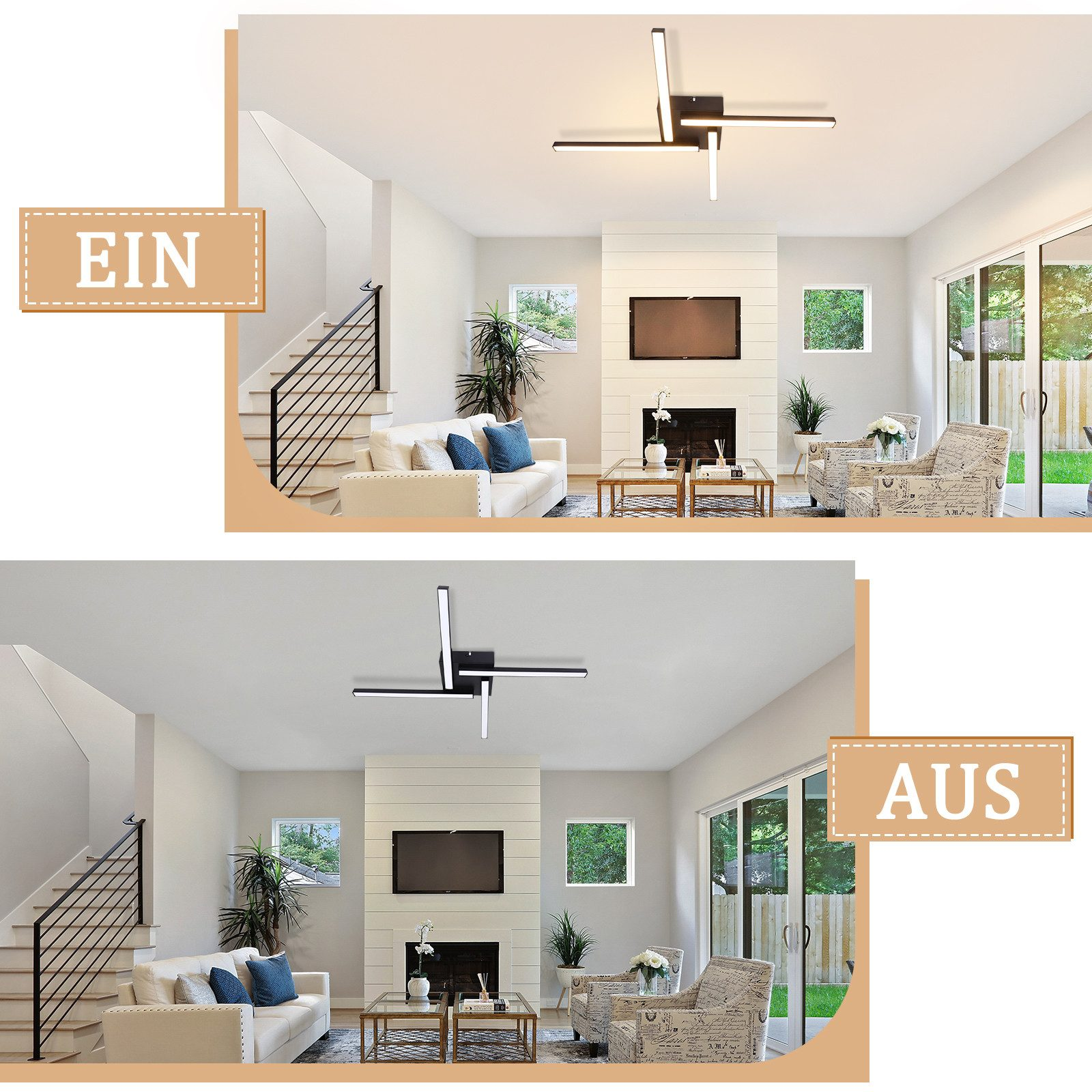 Due immagini che mostrano una moderna lampada da soffitto accesa e spenta in un soggiorno con scale e grandi finestre.