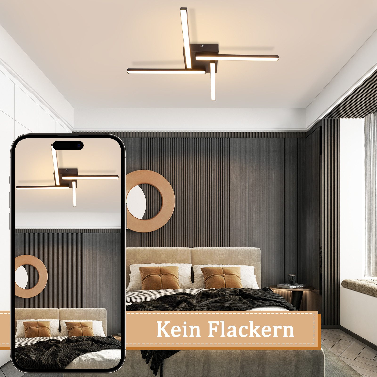 Una scena della camera da letto con una moderna plafoniera e un telefono che mostra il design della luce.