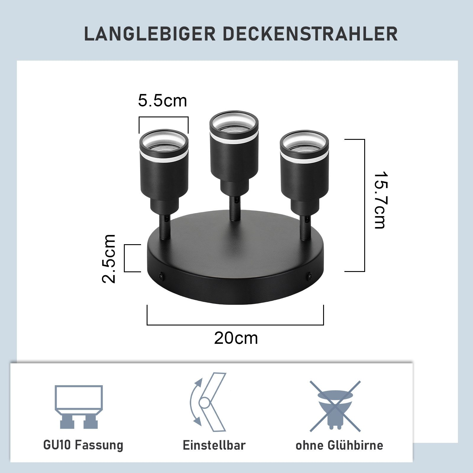 Lampada da soffitto nera con tre faretti, dimensioni e icone delle funzioni.